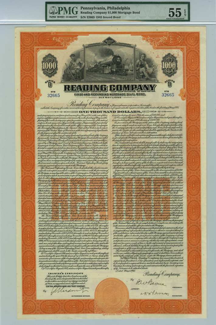 Reading Co. - 1945 dated $1,000 Railroad Bond - Monopoly Game Set Railroad